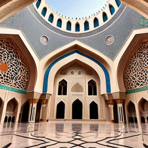 Home 4 **A beautifully decorated Omani mosque**: Focus on intricate Islamic geometric patterns, Arabic calligraphy adorning the walls and domes. Capture the spiritual atmosphere and architectural grandeur.