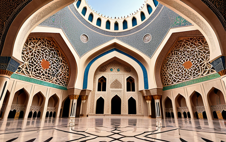 **A beautifully decorated Omani mosque**: Focus on intricate Islamic geometric patterns, Arabic calligraphy adorning the walls and domes. Capture the spiritual atmosphere and architectural grandeur.