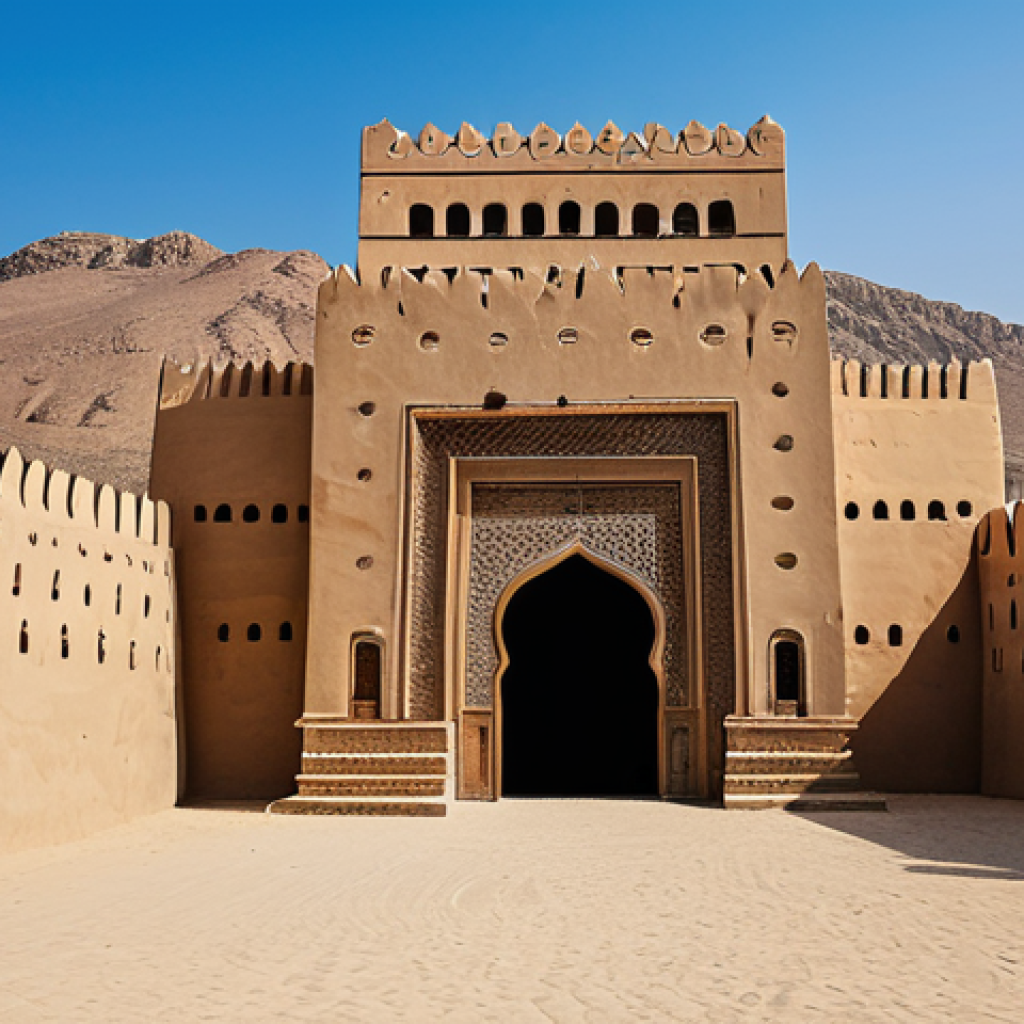 A majestic traditional Omani fort, built with thick, sturdy clay walls, standing proudly under a clear blue sky. The fort features a grand, intricately carved wooden door adorned with large metal studs, and narrow, protective windows that showcase traditional design. The surrounding landscape is a serene, arid environment with soft sand and distant, rolling hills. Professional architectural photography, natural lighting, high resolution, historical authenticity, well-defined textures, safe for work, appropriate content, fully clothed, family-friendly.