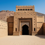 A majestic traditional Omani fort, built with thick, sturdy clay walls, standing proudly under a clear blue sky. The fort features a grand, intricately carved wooden door adorned with large metal studs, and narrow, protective windows that showcase traditional design. The surrounding landscape is a serene, arid environment with soft sand and distant, rolling hills. Professional architectural photography, natural lighting, high resolution, historical authenticity, well-defined textures, safe for work, appropriate content, fully clothed, family-friendly.
