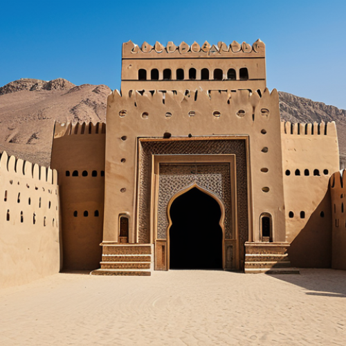 Home 6 A majestic traditional Omani fort, built with thick, sturdy clay walls, standing proudly under a clear blue sky. The fort features a grand, intricately carved wooden door adorned with large metal studs, and narrow, protective windows that showcase traditional design. The surrounding landscape is a serene, arid environment with soft sand and distant, rolling hills. Professional architectural photography, natural lighting, high resolution, historical authenticity, well-defined textures, safe for work, appropriate content, fully clothed, family-friendly.