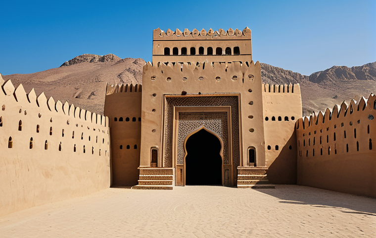 A majestic traditional Omani fort, built with thick, sturdy clay walls, standing proudly under a clear blue sky. The fort features a grand, intricately carved wooden door adorned with large metal studs, and narrow, protective windows that showcase traditional design. The surrounding landscape is a serene, arid environment with soft sand and distant, rolling hills. Professional architectural photography, natural lighting, high resolution, historical authenticity, well-defined textures, safe for work, appropriate content, fully clothed, family-friendly.