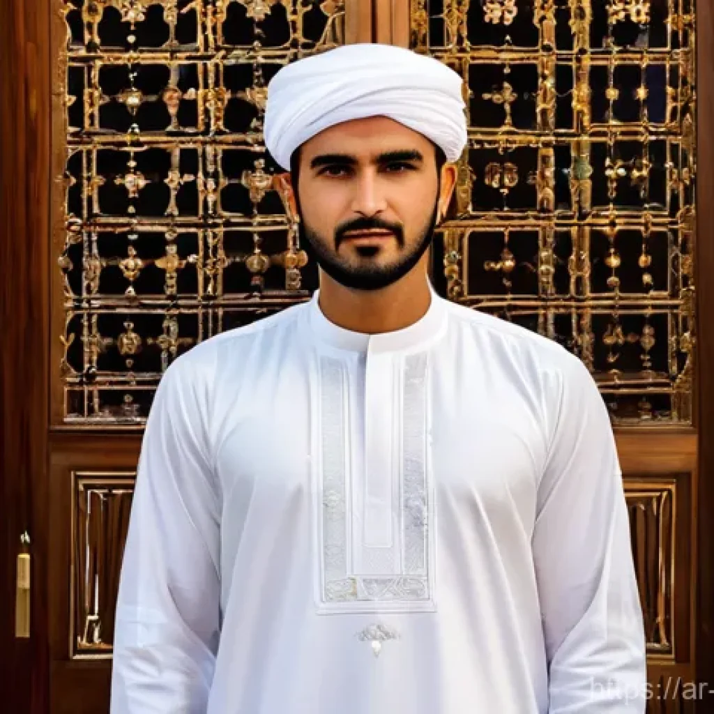 오만의 패션 산업 - **Prompt:** An elegant Omani man, in his early 30s, stands confidently, dressed in a beautifully tai...