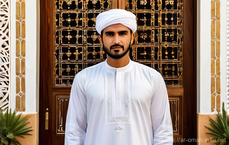 오만의 패션 산업 - **Prompt:** An elegant Omani man, in his early 30s, stands confidently, dressed in a beautifully tai...