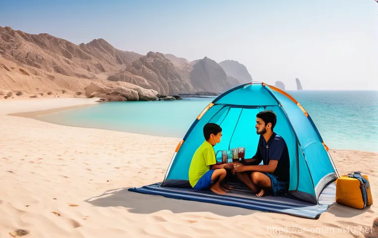 오만 해변 캠핑 - Image Prompt 1: Family Serenity by the Turquoise Waters**