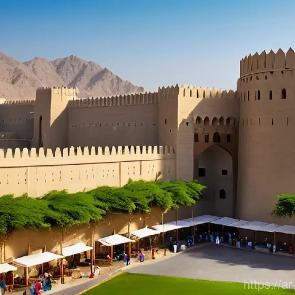 오만의 고고학 유적 - **Prompt:** A majestic, large, circular fort with towering, crenellated stone walls, reminiscent of ...