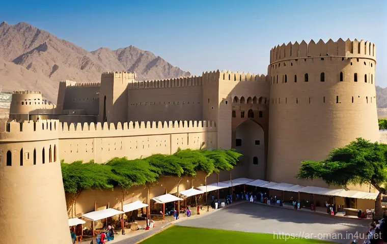 오만의 고고학 유적 - **Prompt:** A majestic, large, circular fort with towering, crenellated stone walls, reminiscent of ...