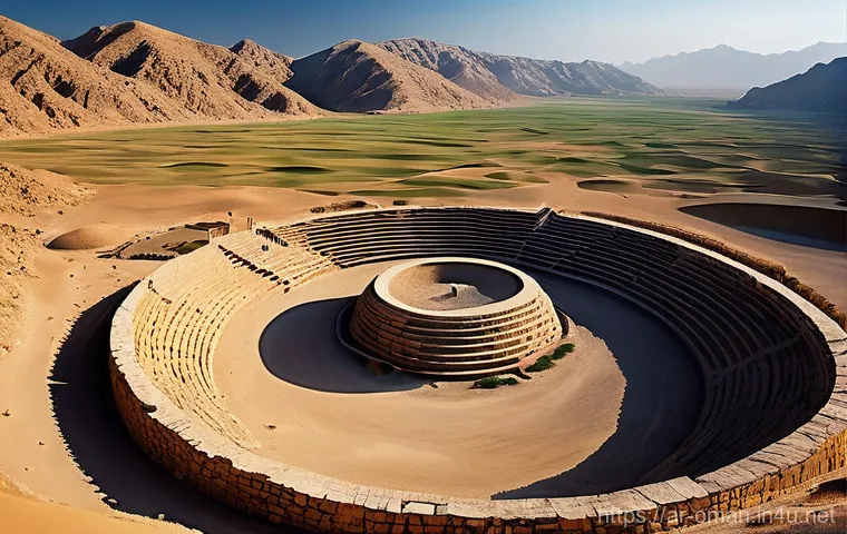오만의 고고학 유적 - **Prompt:** A majestic, large, circular fort with towering, crenellated stone walls, reminiscent of ...