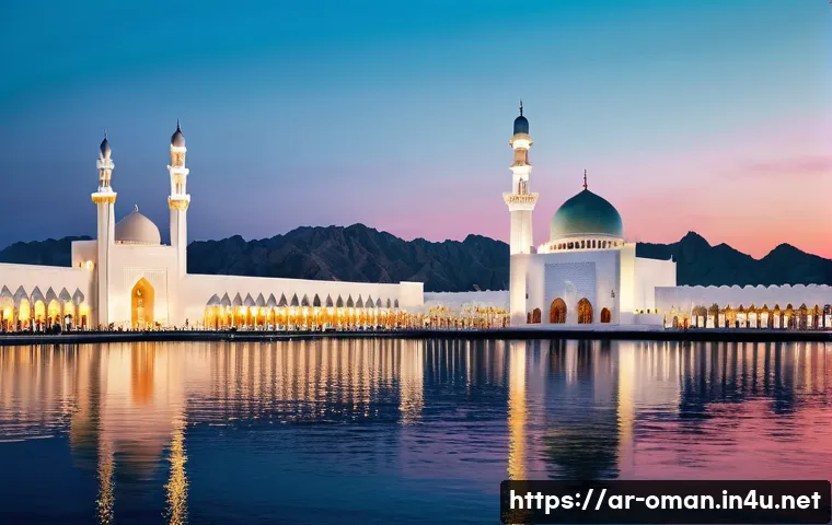 오만의 여행 경로 추천 - **Prompt 1: Muscat's Architectural Grandeur and Coastal Charm**
    "A majestic wide-angle shot of t...