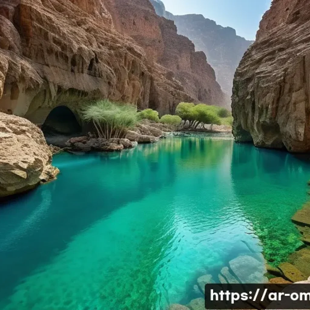 오만 관광 명소 - **"A breathtaking view of Wadi Shab in Oman. The image features crystal-clear turquoise natural pool...