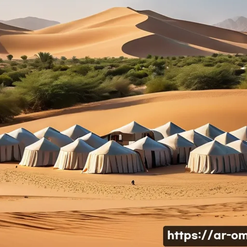 오만을 배경으로 한 영화 - A cinematic desert landscape in Oman at golden hour, showcasing vast rolling sand dunes with scatter...