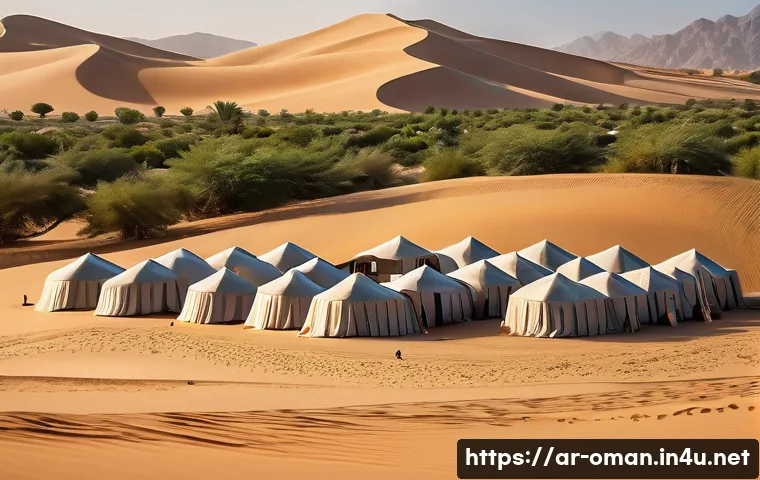 오만을 배경으로 한 영화 - A cinematic desert landscape in Oman at golden hour, showcasing vast rolling sand dunes with scatter...