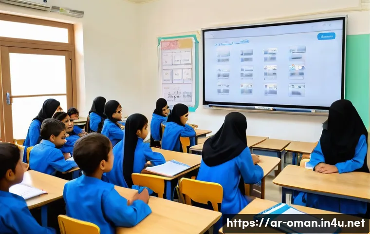오만의 교육 시스템 - A modern Omani classroom scene showing diverse students engaged with digital learning tools such as ...