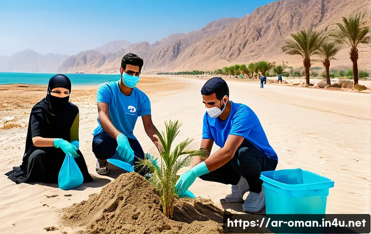 오만에서의 봉사 활동 기회 - A diverse group of Arab volunteers in traditional and modern casual clothing, working together on a ...