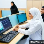 오만 여성의 사회적 역할 - A vibrant university classroom scene in Muscat, Oman, showing diverse Omani female students wearing ...