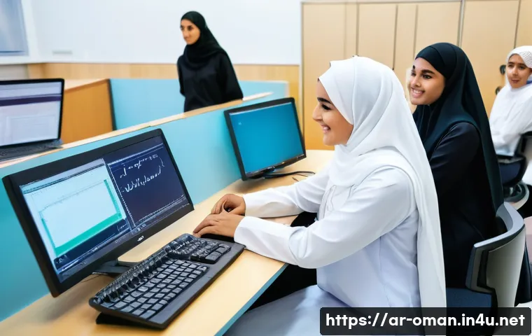 오만 여성의 사회적 역할 - A vibrant university classroom scene in Muscat, Oman, showing diverse Omani female students wearing ...