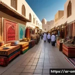 오만 무스카트 관광 - A vibrant and bustling traditional Omani market scene in Muttrah Souq, Muscat, filled with narrow al...