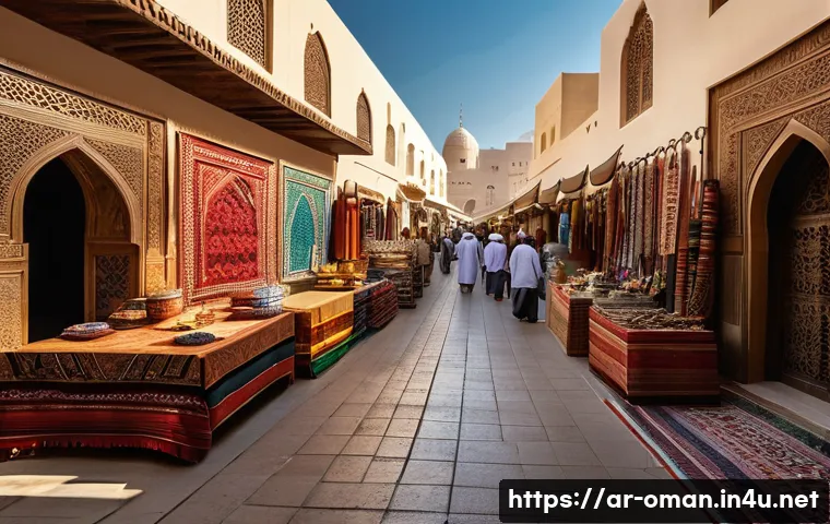오만 무스카트 관광 - A vibrant and bustling traditional Omani market scene in Muttrah Souq, Muscat, filled with narrow al...
