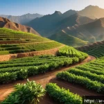 오만 카와 커피 체험 - A vibrant, detailed scene of an Omani mountain coffee farm at sunrise, showcasing lush green coffee ...