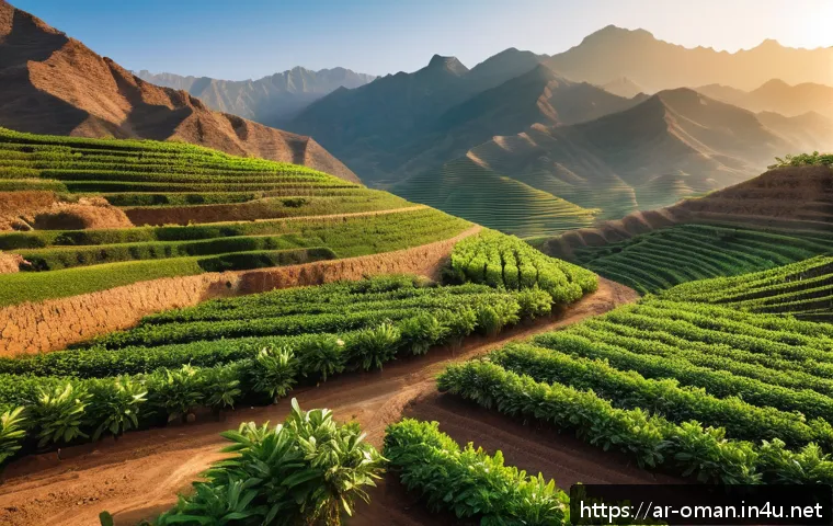 오만 카와 커피 체험 - A vibrant, detailed scene of an Omani mountain coffee farm at sunrise, showcasing lush green coffee ...