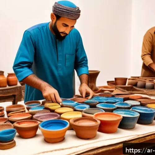 오만의 아랍 미술과 회화 - A vibrant traditional Omani art workshop scene featuring skilled artisans using natural earth pigmen...