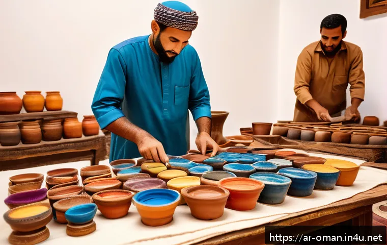 오만의 아랍 미술과 회화 - A vibrant traditional Omani art workshop scene featuring skilled artisans using natural earth pigmen...