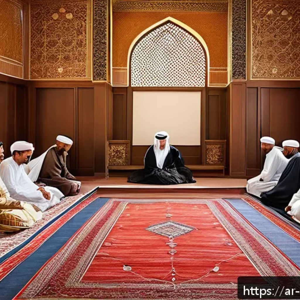 오만의 독특한 식사 예절 - A traditional Omani majlis scene showing warmly dressed guests sitting on colorful patterned carpets...