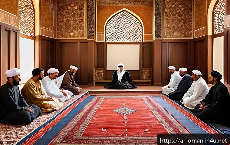 오만의 독특한 식사 예절 - A traditional Omani majlis scene showing warmly dressed guests sitting on colorful patterned carpets...