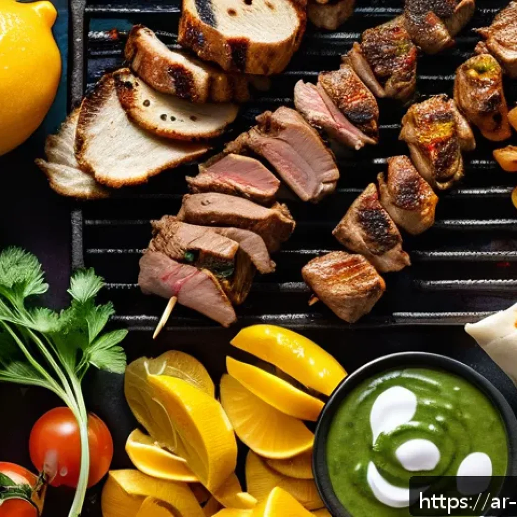 오만 전통 음식 샤와르마 - A vibrant close-up scene of traditional Omani shawarma preparation in a bustling local kitchen, feat...
