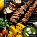 오만 전통 음식 샤와르마 - A vibrant close-up scene of traditional Omani shawarma preparation in a bustling local kitchen, feat...