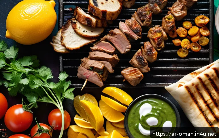 오만 전통 음식 샤와르마 - A vibrant close-up scene of traditional Omani shawarma preparation in a bustling local kitchen, feat...