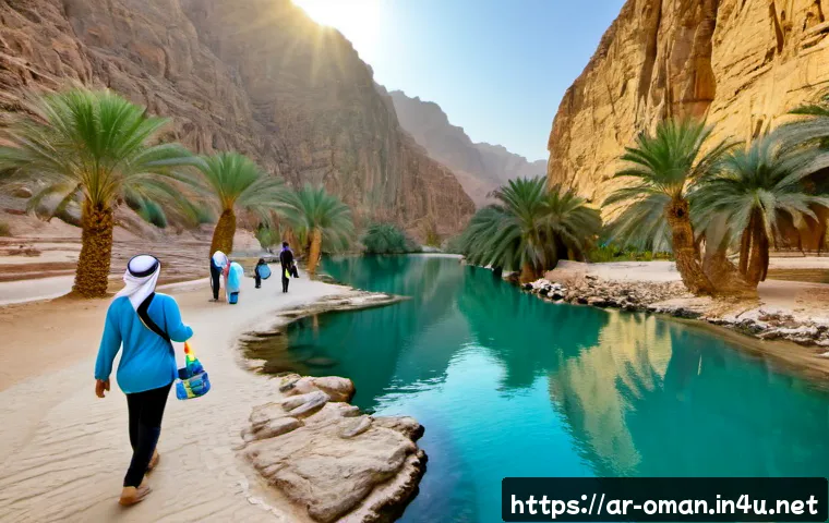 Home 30 오만의 생태 관광 루트 - Photorealistic eco-tourism journey in Oman, wide sunrise view of Wadi Shab with turquoise freshwater...