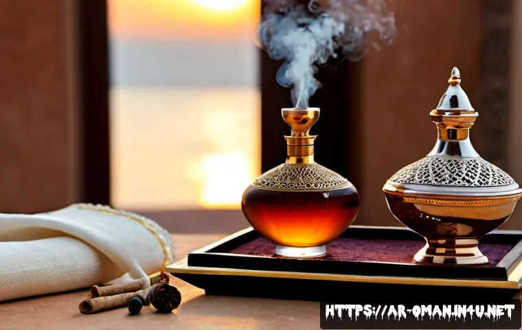 Home 17 오만의 고유 향수 브랜드 - Photorealistic luxury still life of an Omani heritage perfume collection, elegant unbranded glass pe...