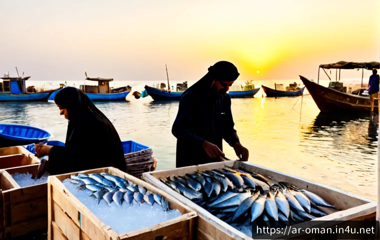 오만의 현지 어시장 체험 - Photorealistic early-morning experience at a traditional Omani coastal fish market, an Arab family i...