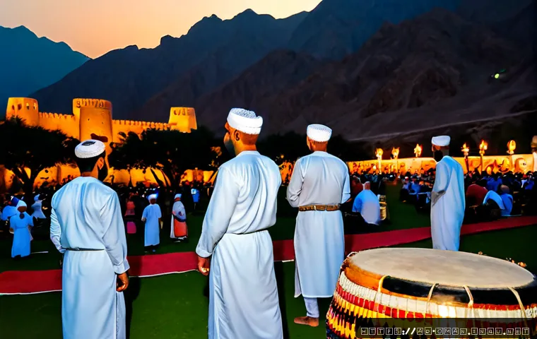 Home 17 오만의 특별한 축제와 이벤트 - Photorealistic Oman heritage festival at sunset, Omani men in crisp white dishdashas and embroidered...